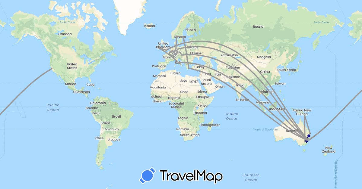 TravelMap itinerary: driving, plane in Austria, Australia, Belgium, Switzerland, Czech Republic, France, United Kingdom, Greece, Ireland, Italy, Norway, Papua New Guinea, United States (Europe, North America, Oceania)